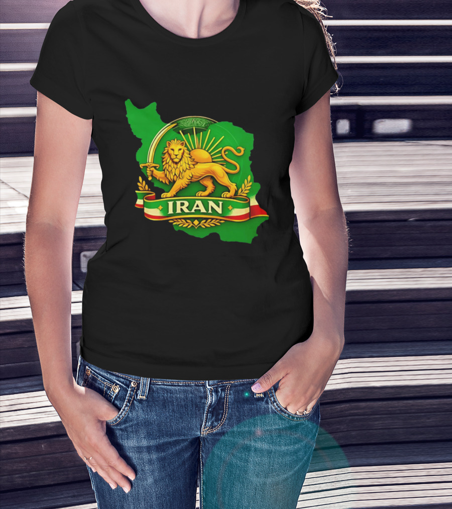 Iran Lion And Sun Emblem On Map Of Iran With National T-Shirt