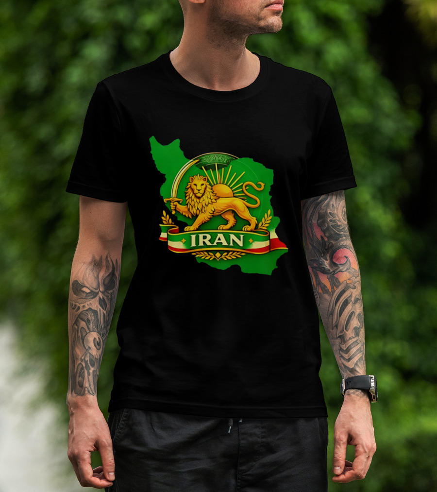 Iran Lion And Sun Emblem On Map Of Iran With National T-Shirt