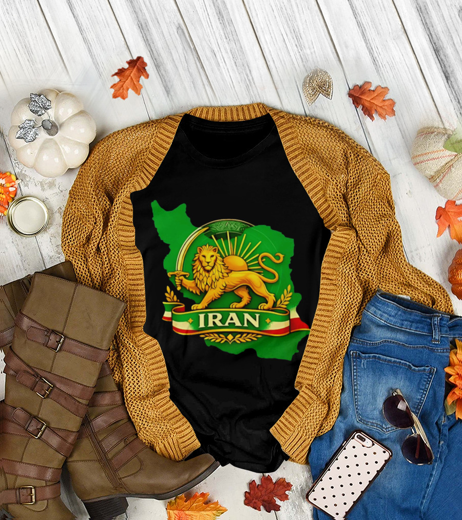 Iran Lion and Sun Emblem on Map of Iran with National T-Shirt