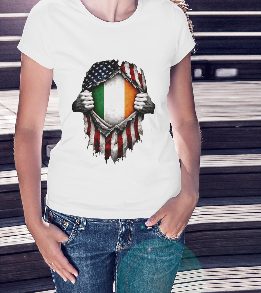 Irish Inside American Flag Tear With Ireland Flag T-Shirt
