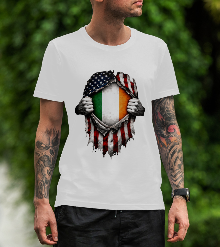 Irish Inside American Flag Tear With Ireland Flag T-Shirt