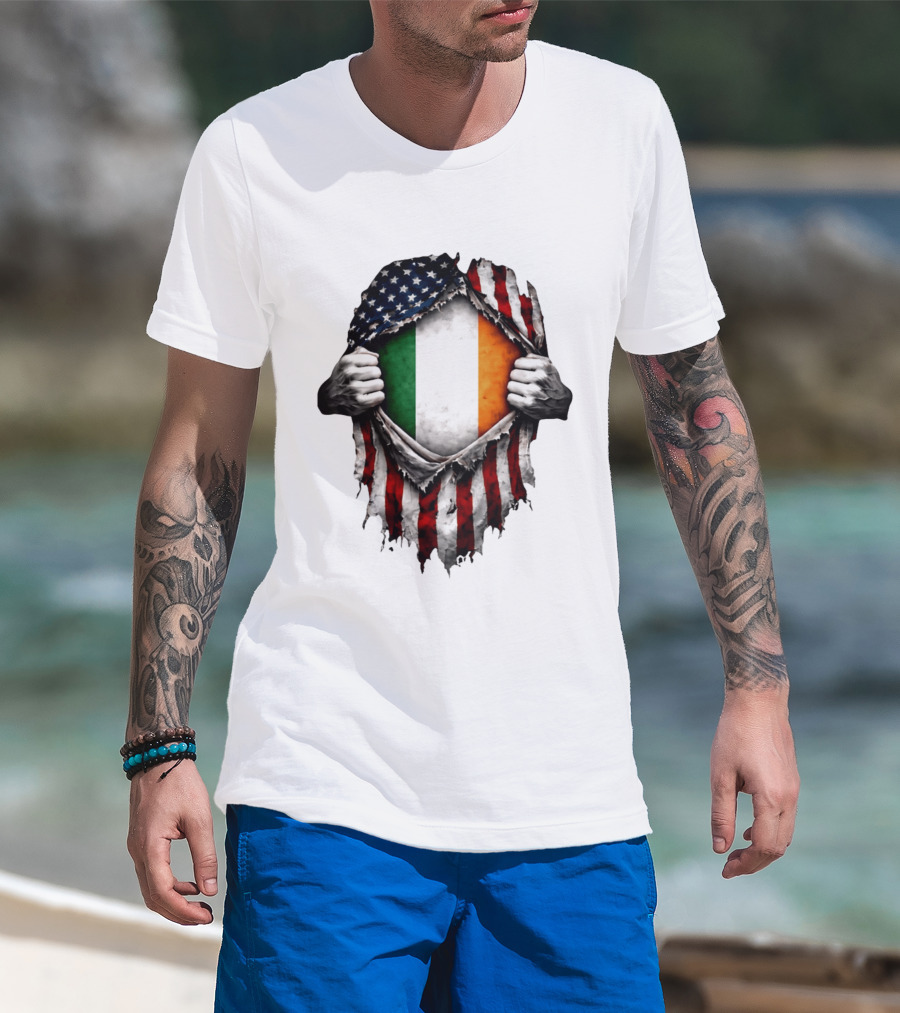 Irish Inside American Flag Tear With Ireland Flag T-Shirt