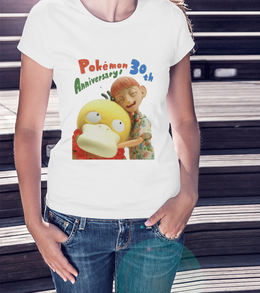Pokémon 30th Anniversary Pokémon Concierge Psyduck Hugging Celebration T-Shirt