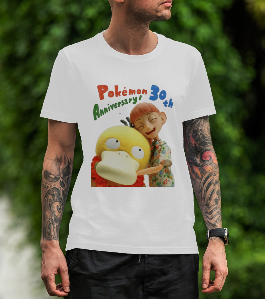 Pokémon 30th Anniversary Pokémon Concierge Psyduck Hugging Celebration T-Shirt