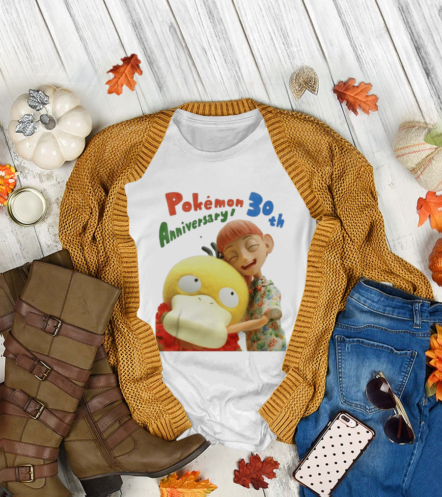 Pokémon 30th Anniversary Pokémon Concierge Psyduck Hugging Celebration T-Shirt