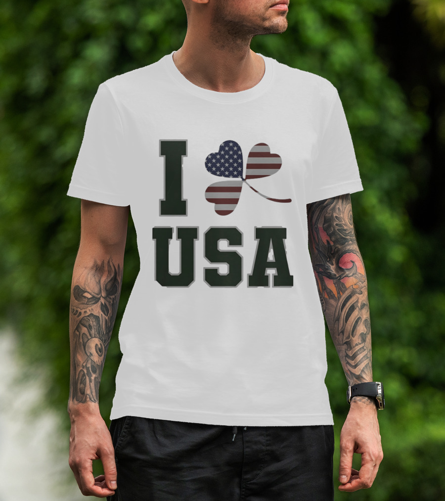 I Love USA St Patrick's Day Shamrock American Flag Heart T-Shirt