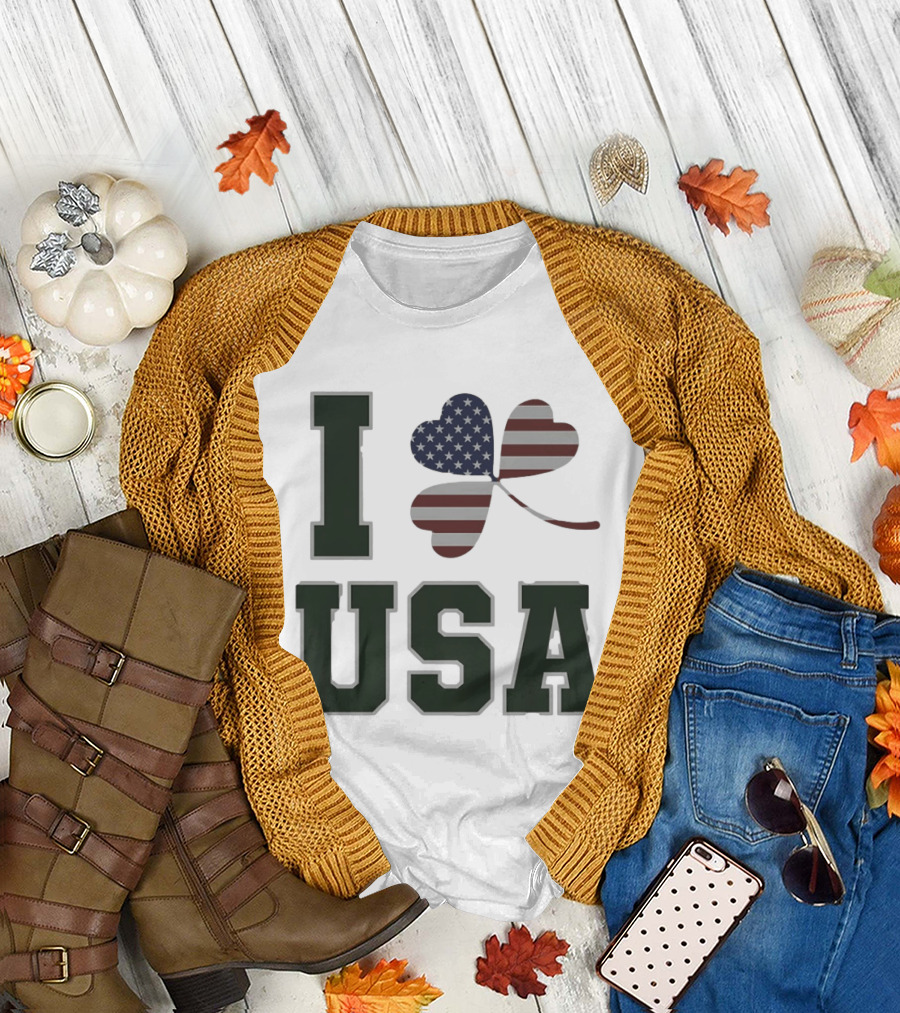 I Love USA St Patrick's Day Shamrock American Flag Heart T-Shirt