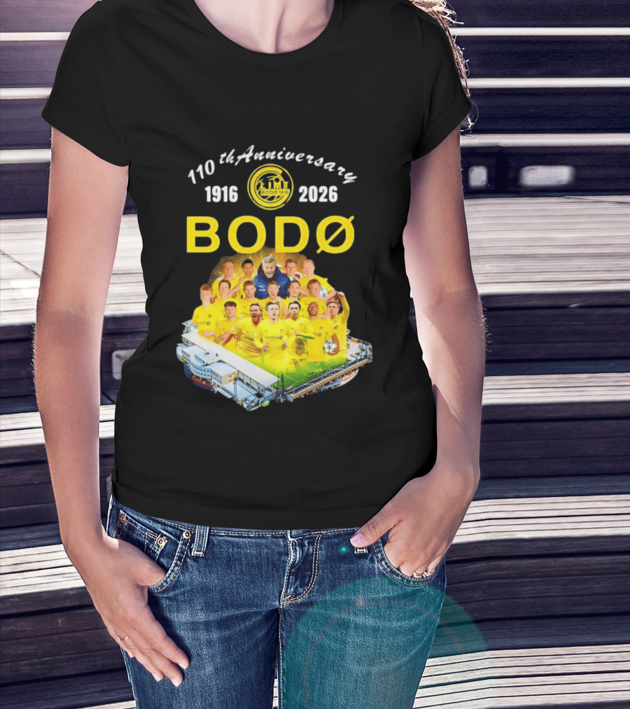Bodø Glimt 110th Anniversary 1916 2026 Aspmyra Stadion Collage Featuring Players And Signatures T-Shirt