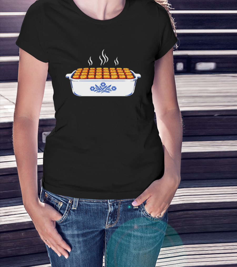 Steaming Cornflower Pattern Tater Tot Hotdish Recipe Minnesota Comfort Food T-Shirt