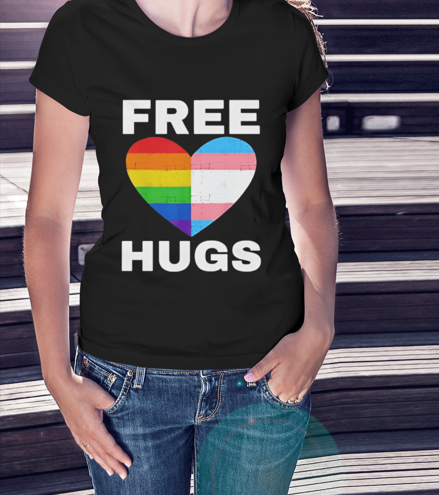 Free Hugs LGBTQ Rainbow Heart Pride T-Shirt