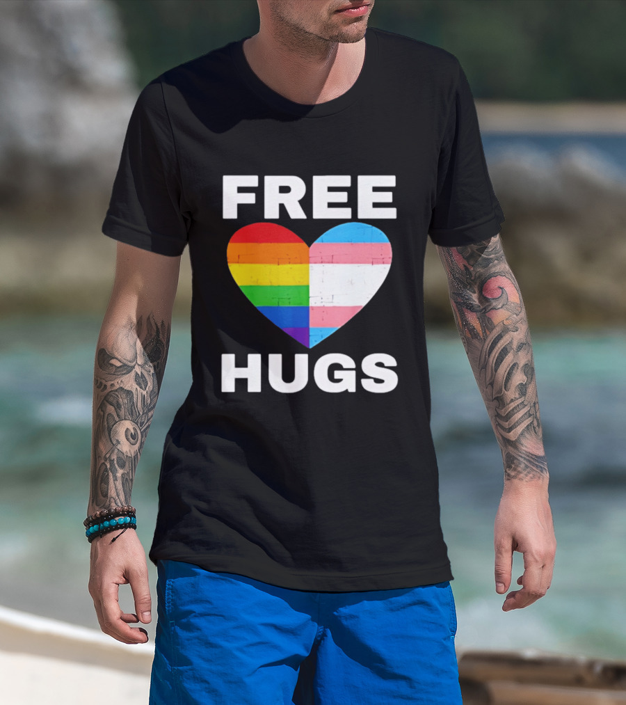 Free Hugs LGBTQ Rainbow Heart Pride T-Shirt