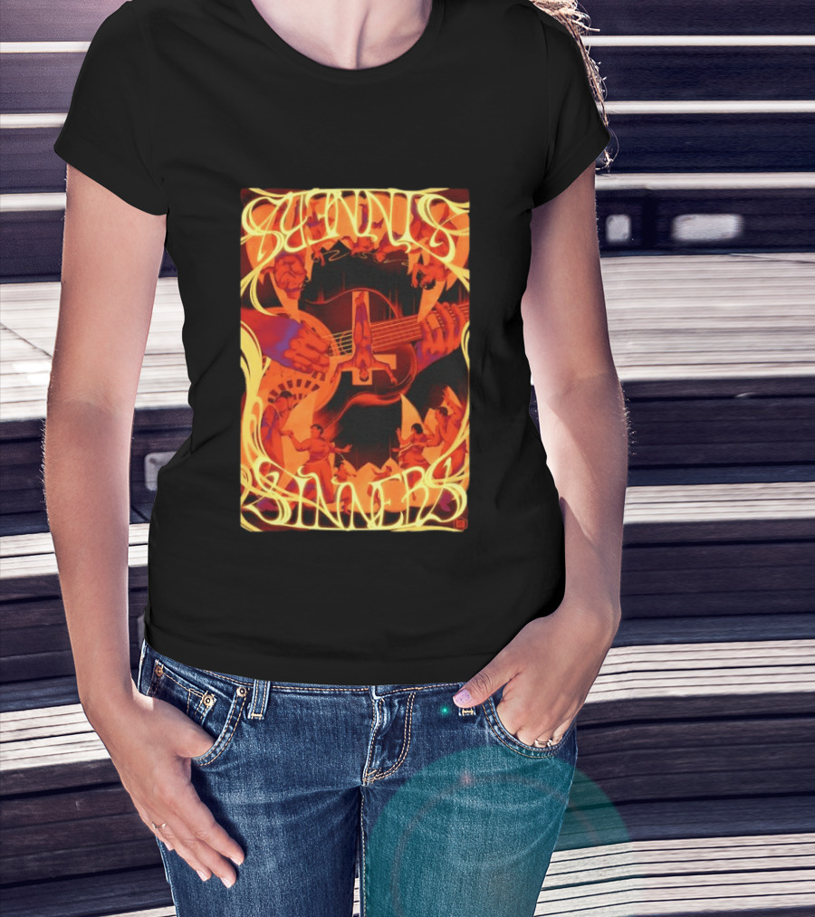 Sinners Pecadores Upside Down Guitar Person T-Shirt