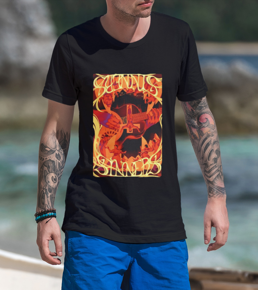 Sinners Pecadores Upside Down Guitar Person T-Shirt