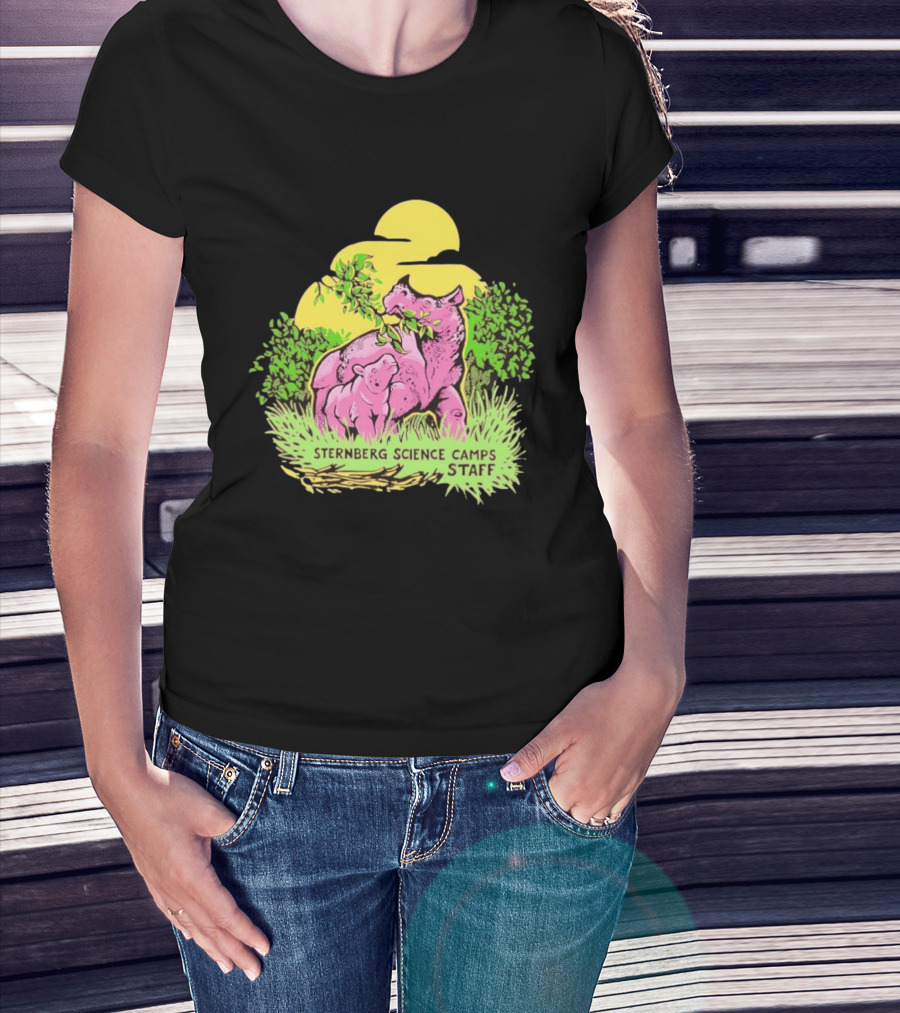 Sternberg Science Camps Staff Pink Dinosaurs Under Yellow Sun T-Shirt