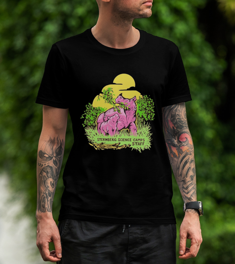 Sternberg Science Camps Staff Pink Dinosaurs Under Yellow Sun T-Shirt