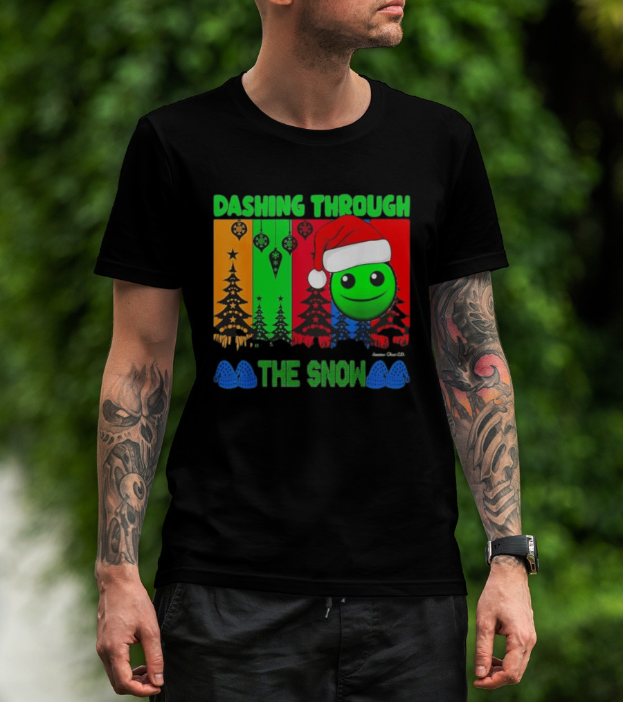 Dashing Through The Snow Emoji Santa Hat Christmas Trees Multicolor Snowflakes T-Shirt