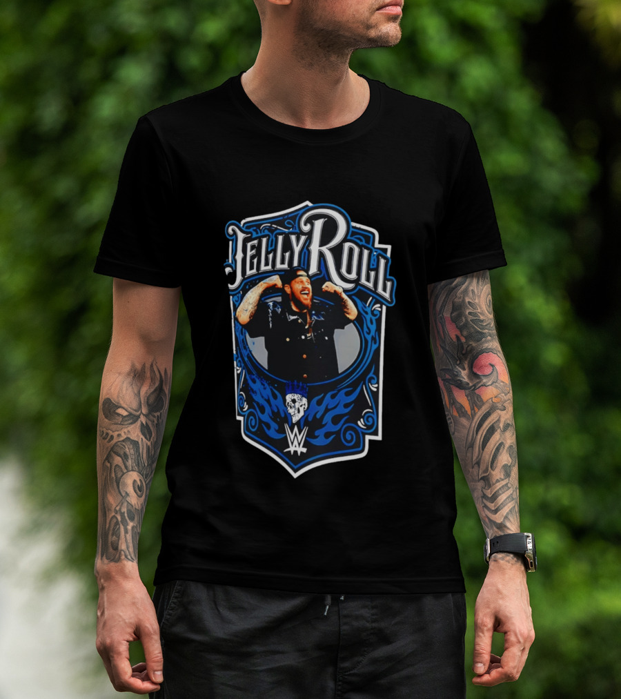 Jelly Roll WWE Superstar Illustration With Flaming Skull And Tattooed Arms T-Shirt