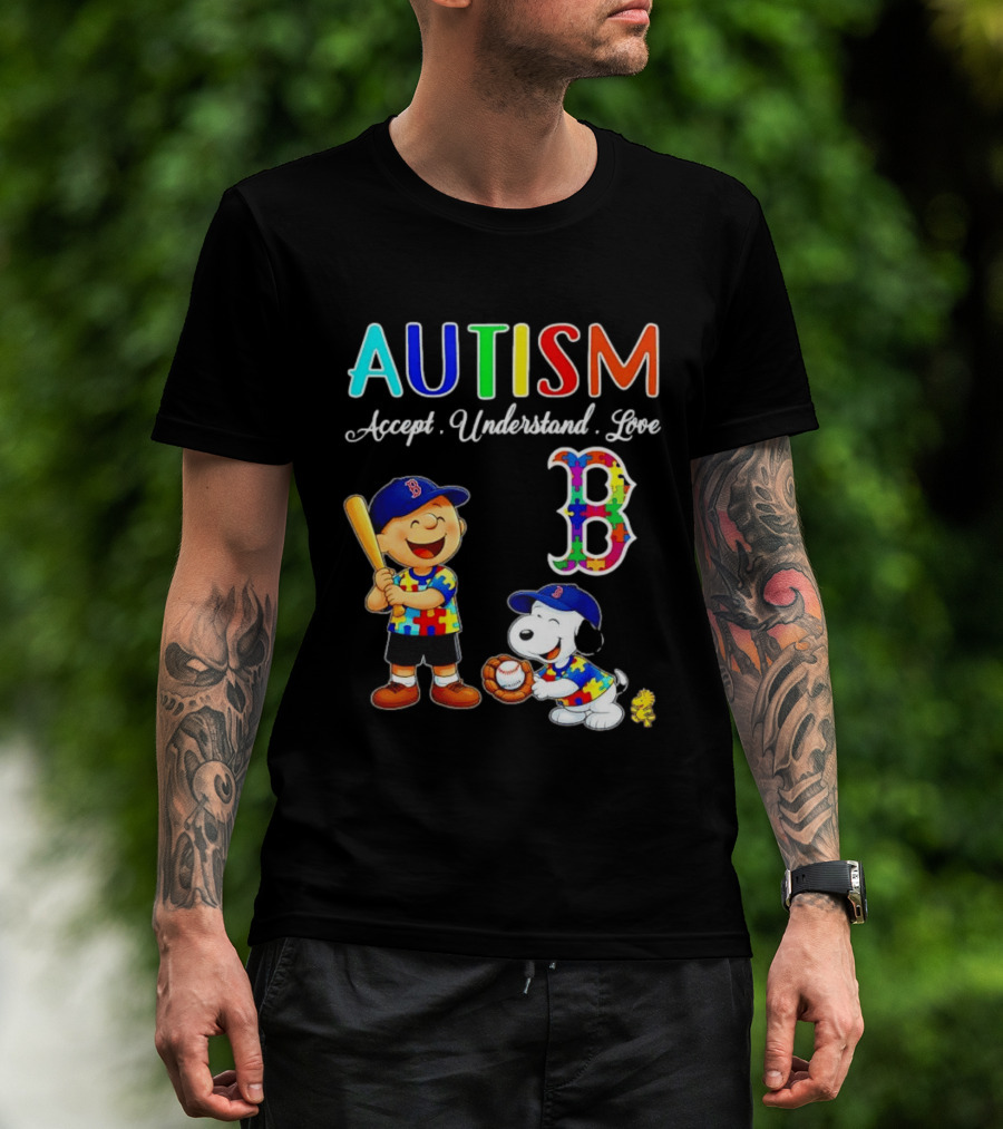 Charlie Brown Snoopy Boston Red Sox Autism Accept Understand Love T-Shirt