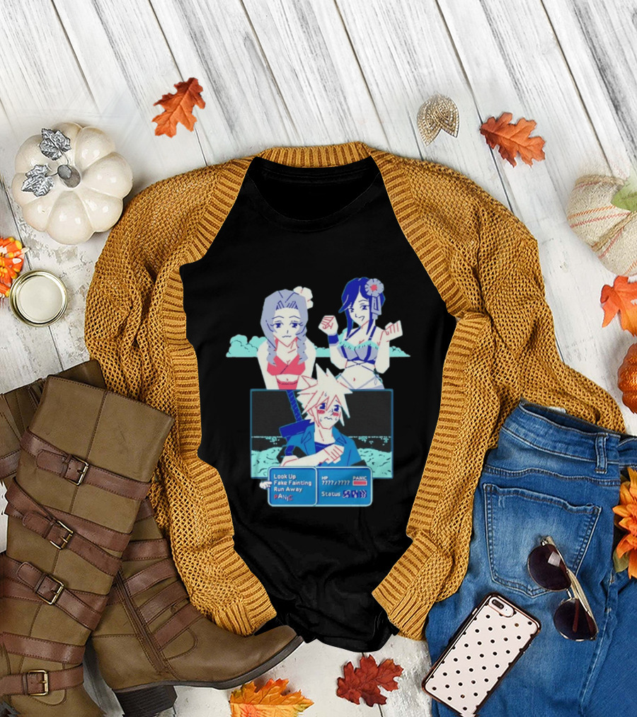 Cloud Strife Panic Aerith Tifa Final Fantasy VII Battle Scene Pixel T-Shirt