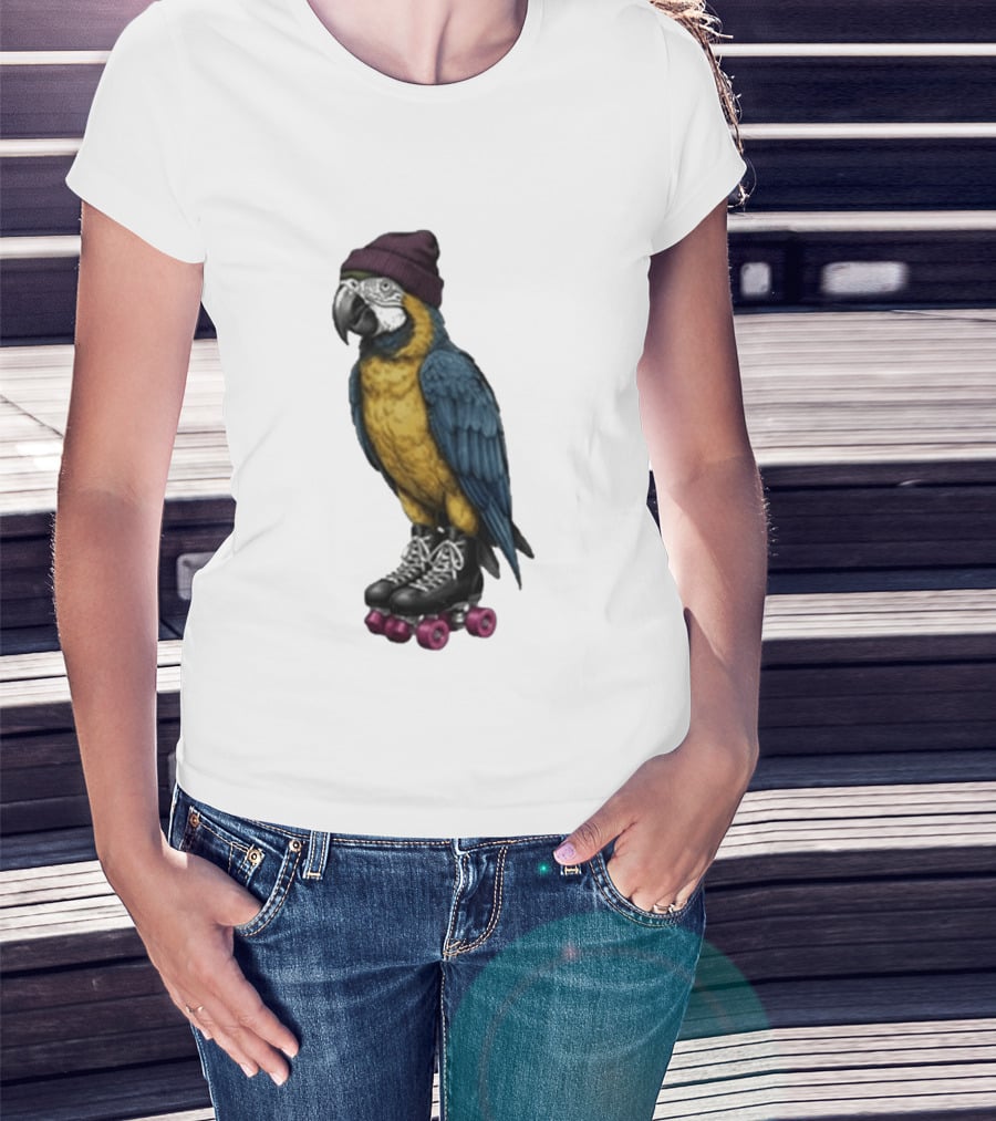 Nice Roller Skating Parrot With Hat And Colorful Feathers T-Shirt