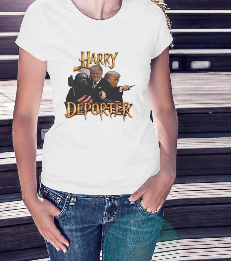 Harry Deporter Trump Magic ICE Badge Wand American Flag T-Shirt