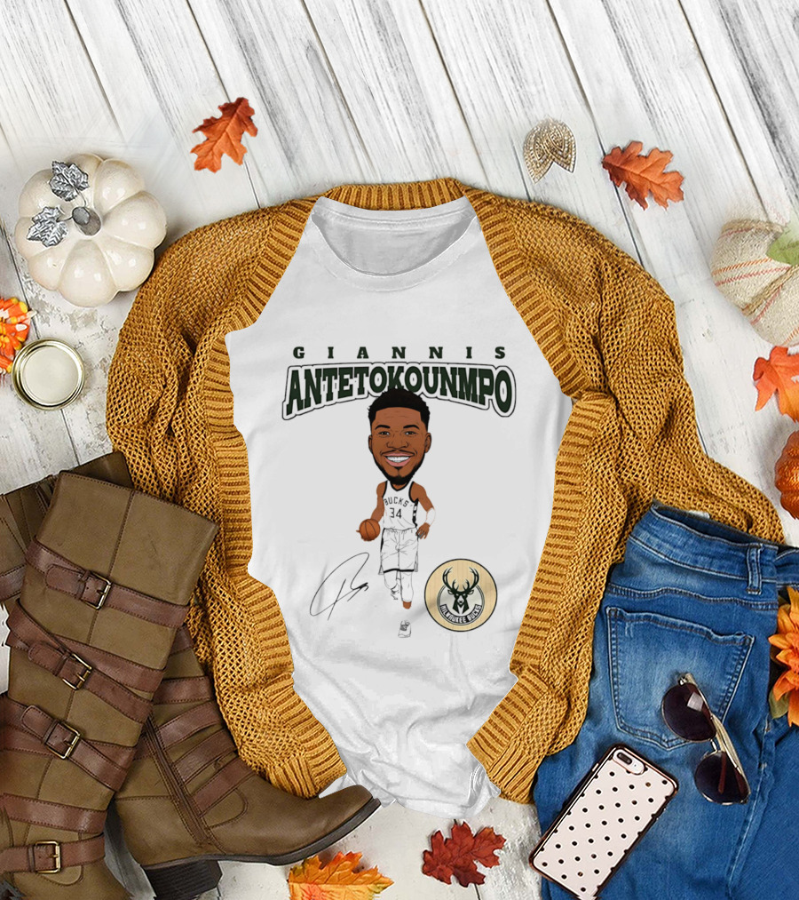 Giannis Antetokounmpo Milwaukee Bucks Hardwood Comic Caricature Basketball Signature 34 T-Shirt