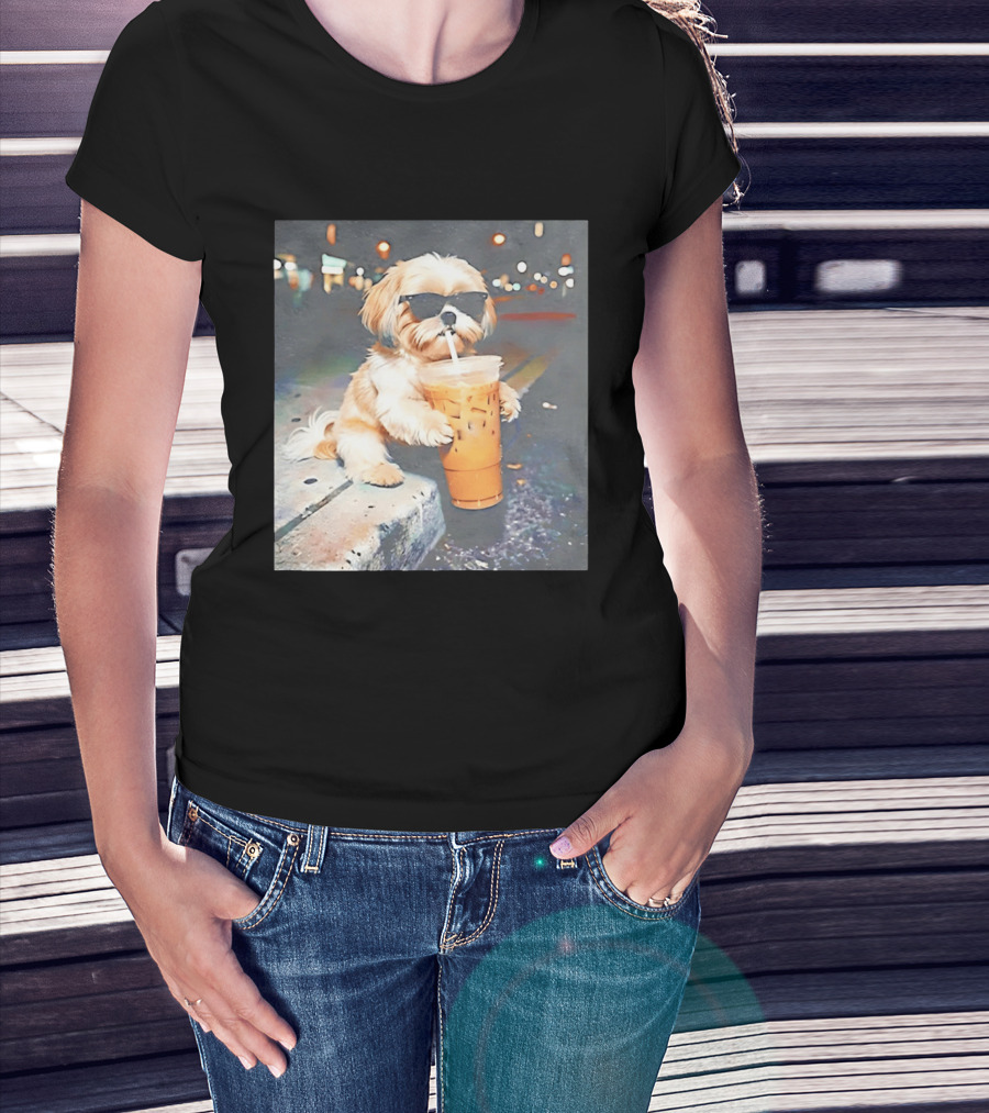Shih Tzu Enjoying Iced Coffee At Night With Sunglasses T-Shirt