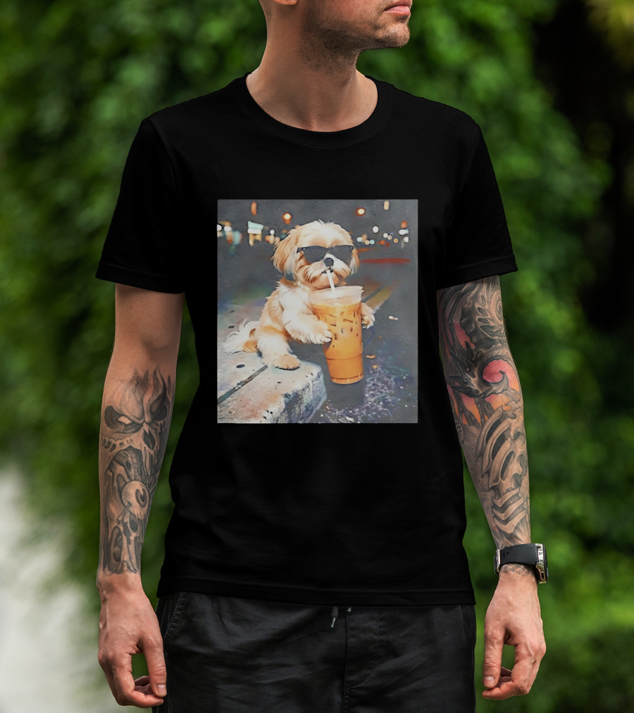 Shih Tzu Enjoying Iced Coffee At Night With Sunglasses T-Shirt