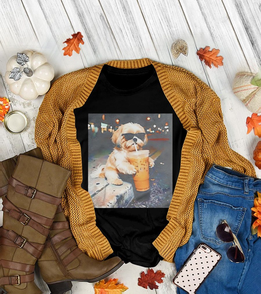 Shih Tzu Enjoying Iced Coffee at Night with Sunglasses T-Shirt