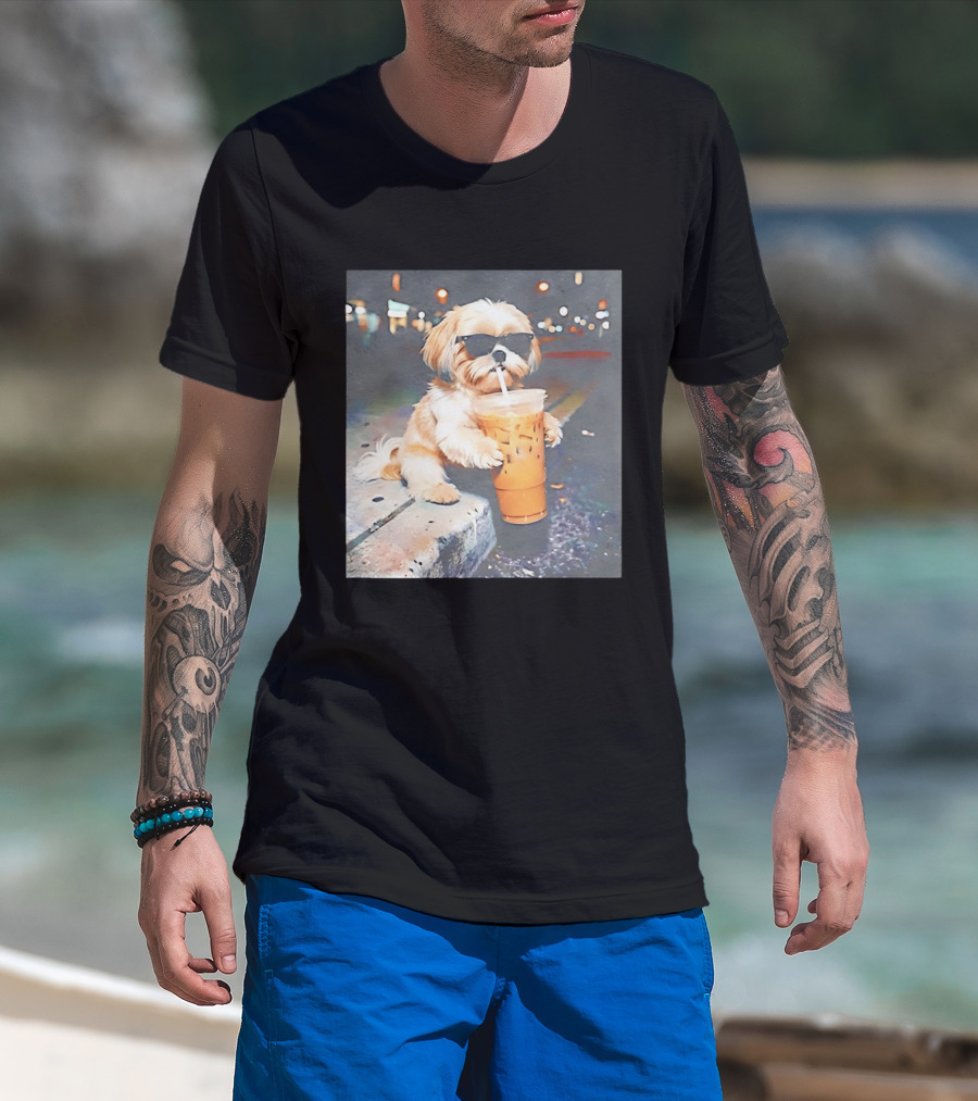 Shih Tzu Enjoying Iced Coffee At Night With Sunglasses T-Shirt