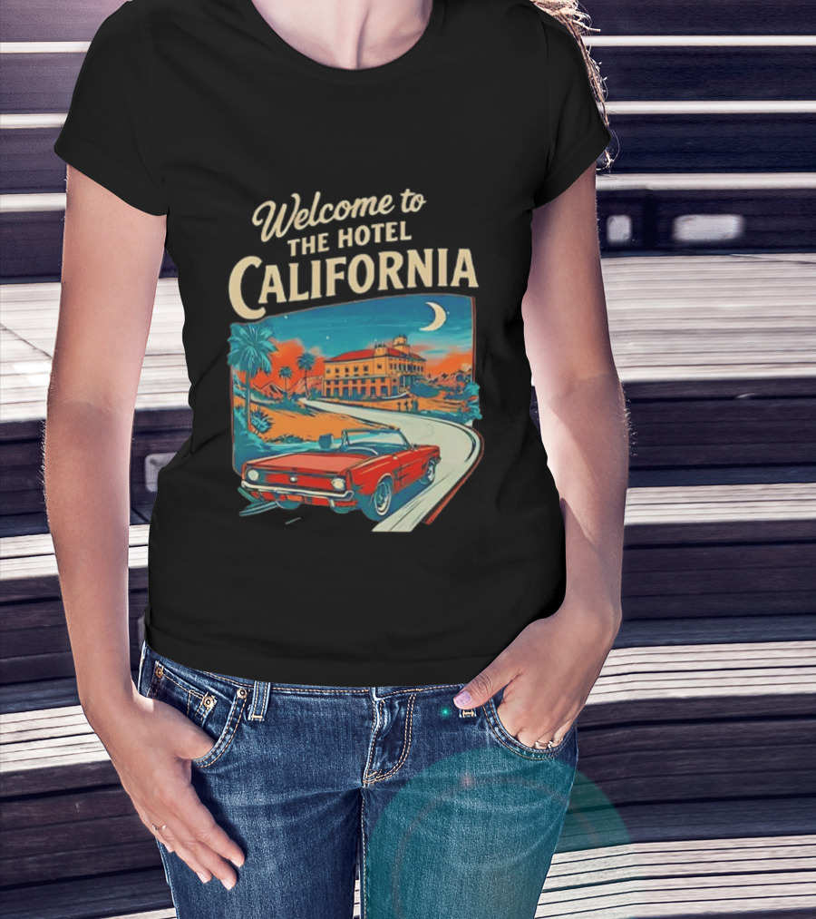 Welcome To The Hotel California Red Convertible Vintage Palm Trees Moonlit Scene T-Shirt