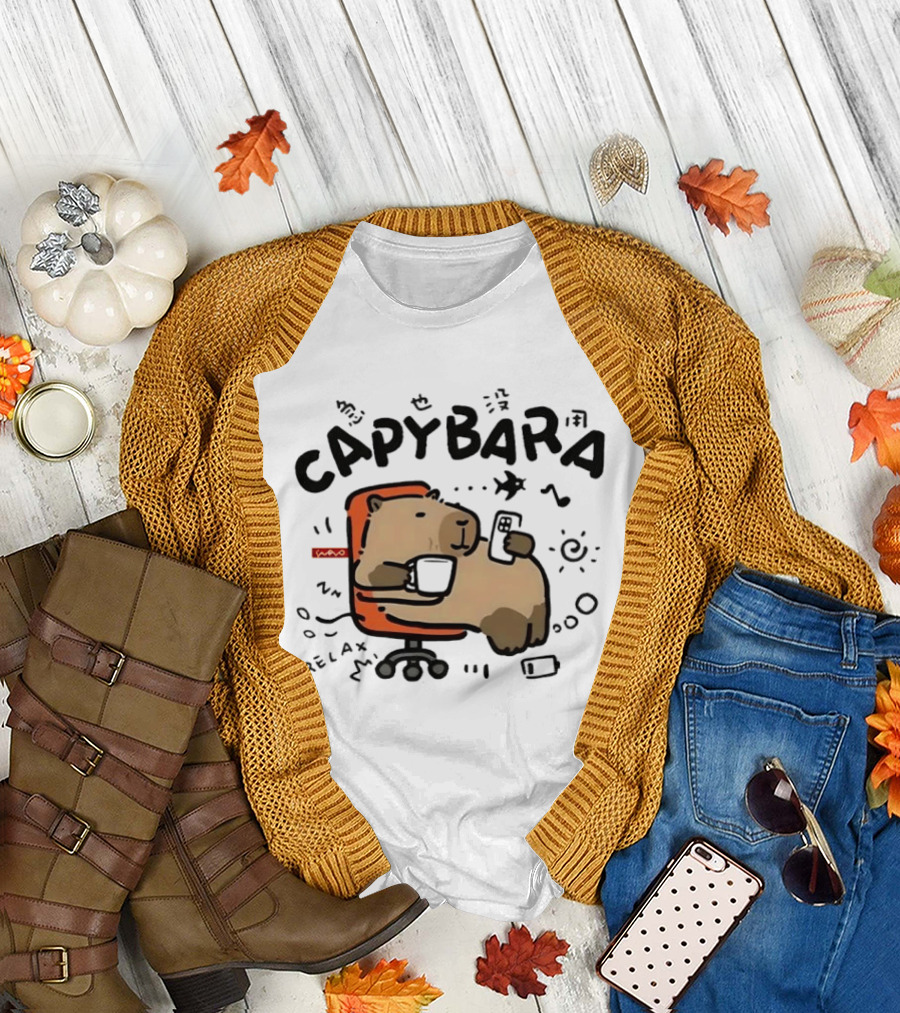 Capybara Relaxing on Office Chair with Coffee and Phone T-Shirt