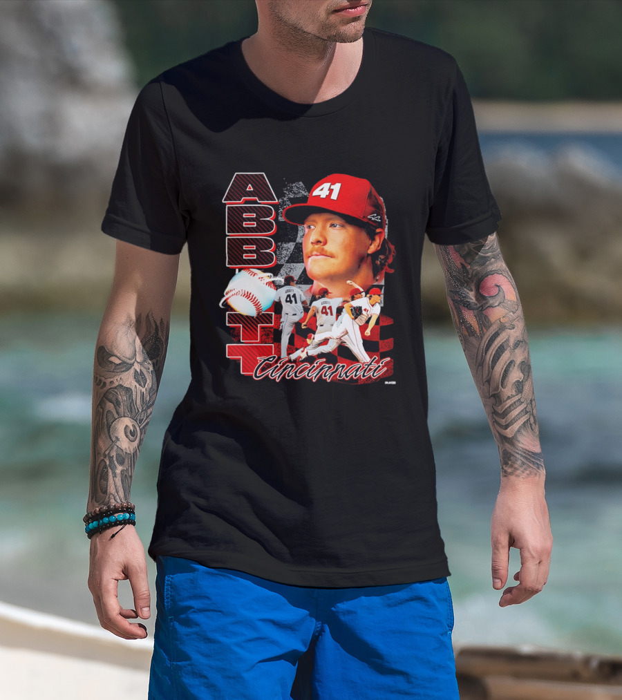 Cincinnati Reds Abbott 41 Baseball Pitcher Portrait Action T-Shirt
