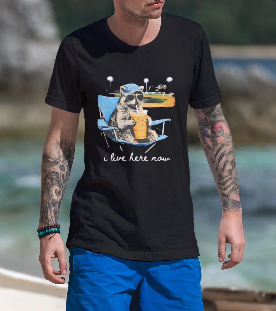 Raccoon I Live Here Now Funny Coffee Lover Camping Chair Sunglasses Baseball Cap T-Shirt