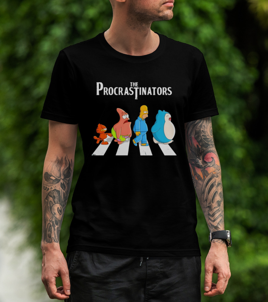 The Procrastinators Cartoon Abbey Road Parody With Iconic Characters Crossing T-Shirt