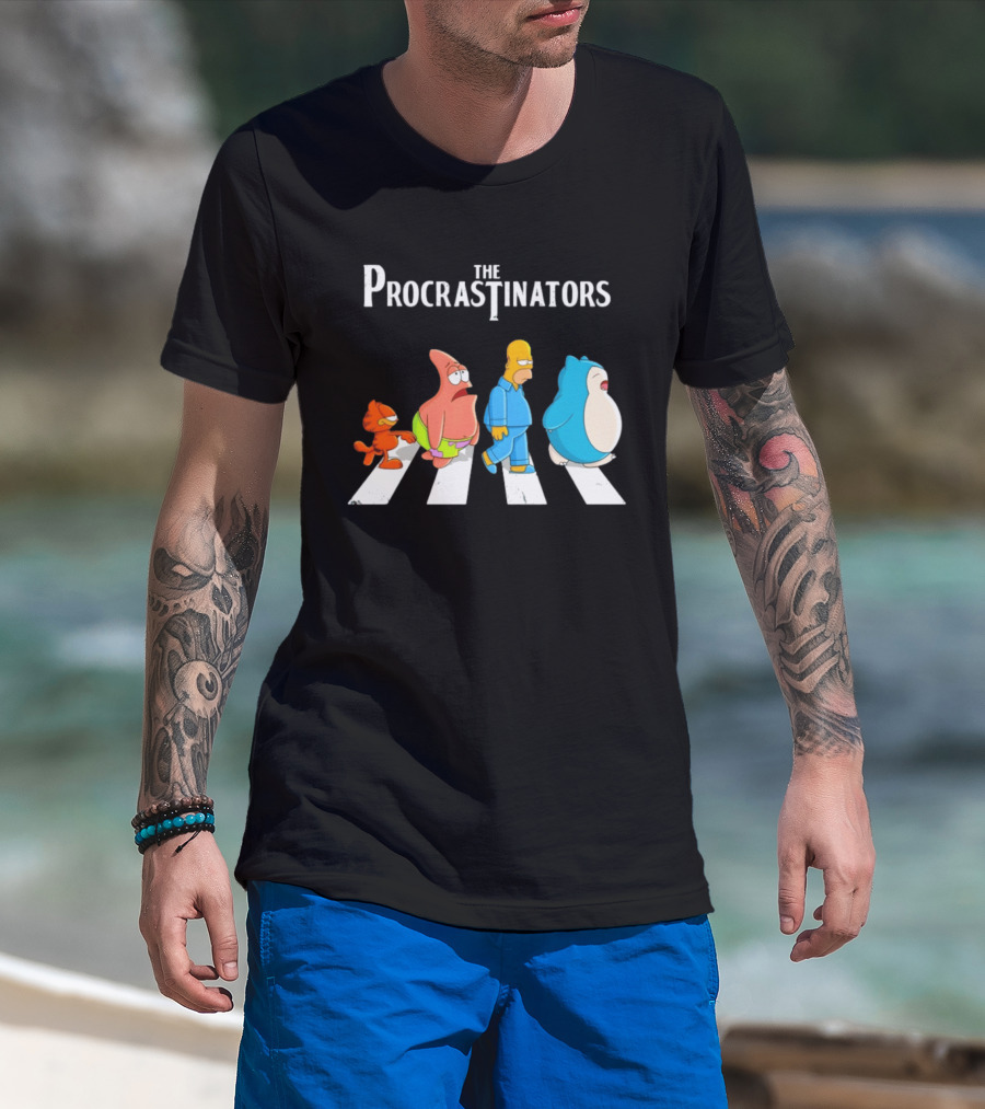 The Procrastinators Cartoon Abbey Road Parody With Iconic Characters Crossing T-Shirt