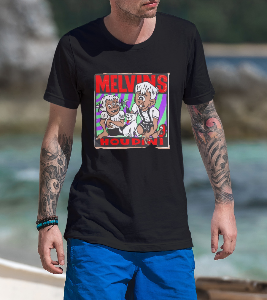 Melvins Houdini Album Cover Art With Two Cartoon Characters And Cat T-Shirt