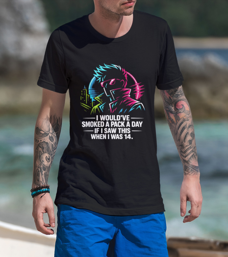 I Would've Smoked A Pack A Day If I Saw This When I Was 14 Retro Cyberpunk Cool Neon Cityscape T-Shirt
