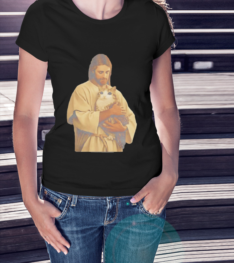 Jesus Embracing Chubby Cat T-Shirt
