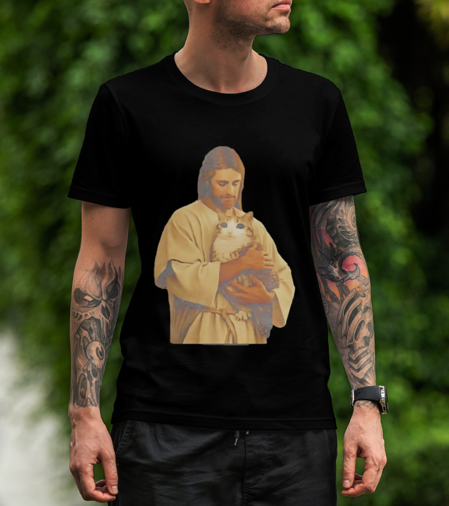 Jesus Embracing Chubby Cat T-Shirt