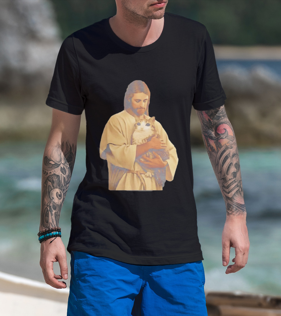 Jesus Embracing Chubby Cat T-Shirt
