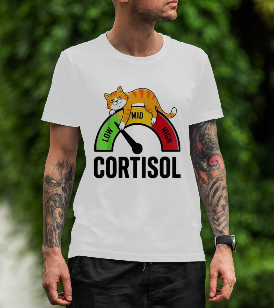 Cat Low Mid High Cortisol Level Meter With Relaxed Orange Cat T-Shirt