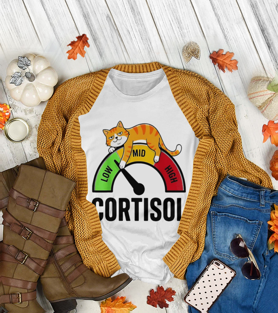 Cat Low Mid High Cortisol Level Meter with Relaxed Orange Cat T-Shirt