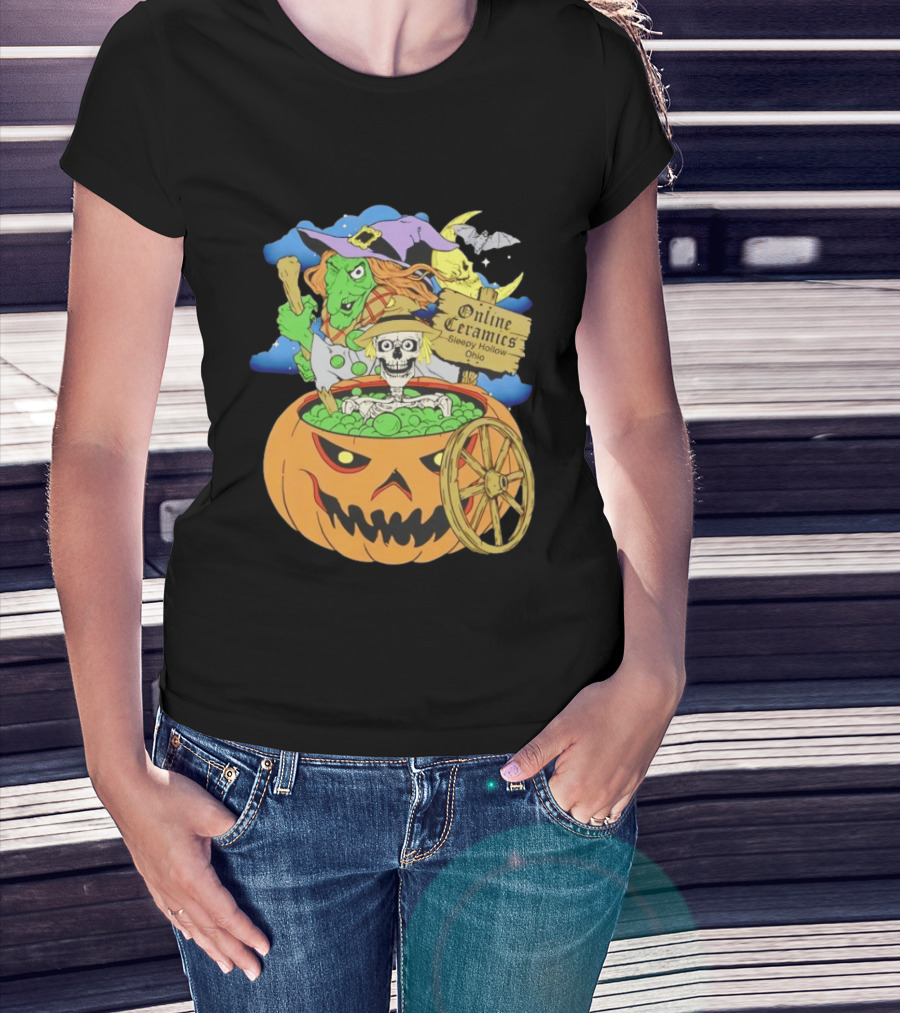 Online Ceramics Sleepy Hollow Ohio Witch Skeleton Pumpkin Cauldron Scene T-Shirt