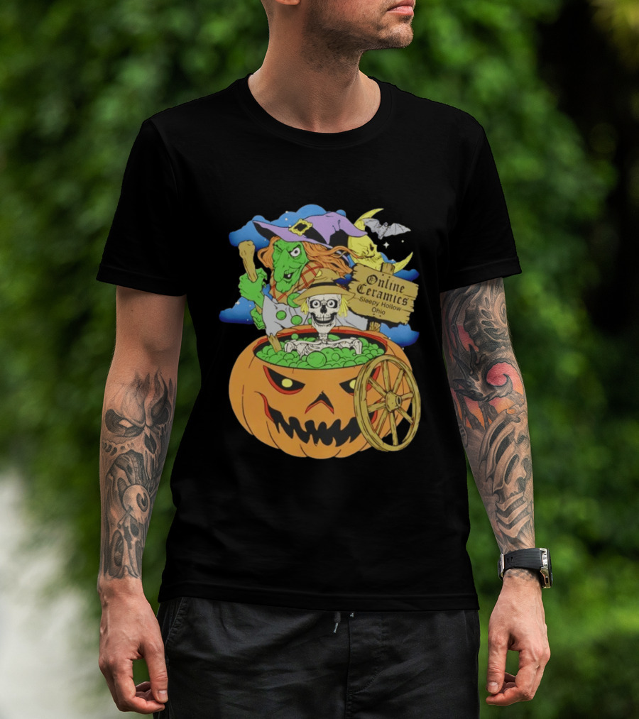 Online Ceramics Sleepy Hollow Ohio Witch Skeleton Pumpkin Cauldron Scene T-Shirt