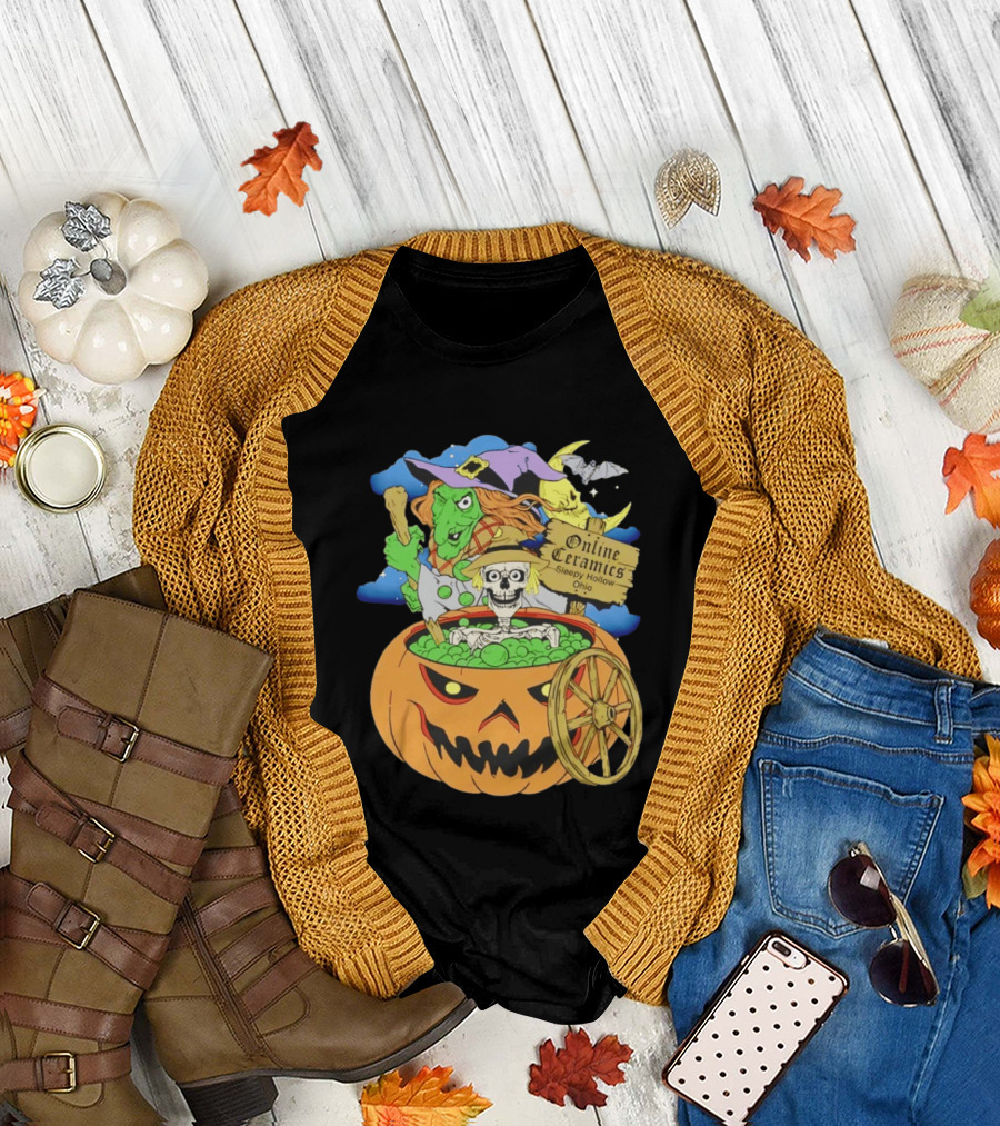Online Ceramics Sleepy Hollow Ohio Witch Skeleton Pumpkin Cauldron Scene T-Shirt