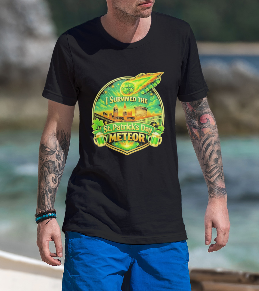 I Survived The St Patrick's Day Meteor 2026 Cityscape And Cloverburst T-Shirt