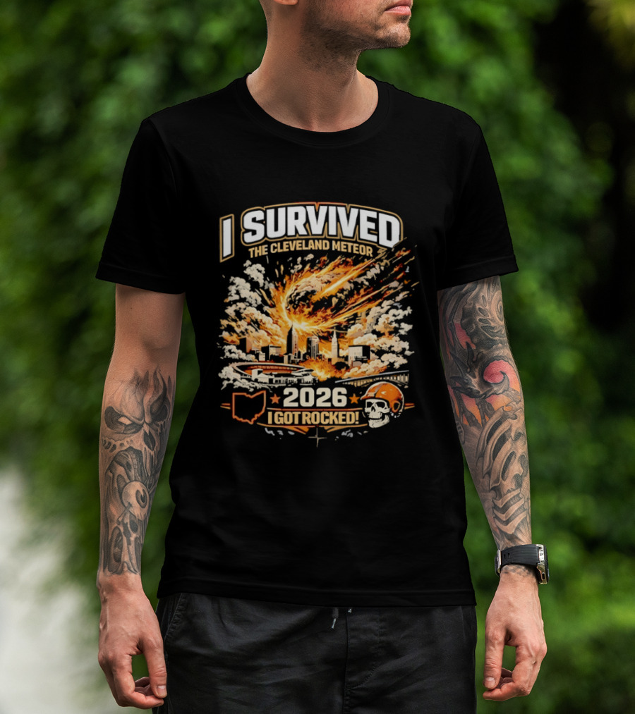 I Survived The Cleveland Meteor 2026 I Got Rocked Explosion Skull Helmet City Skyline T-Shirt