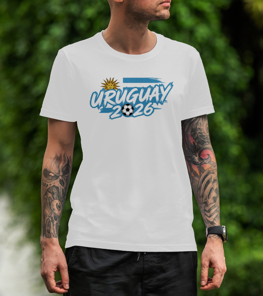 Uruguay 2026 Sun And Soccerball Icon With Blue Brushstroke T-Shirt