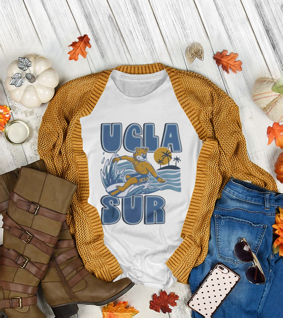 UCLA Joe Bruin Surfing Waves with Palm Trees and Sun T-Shirt